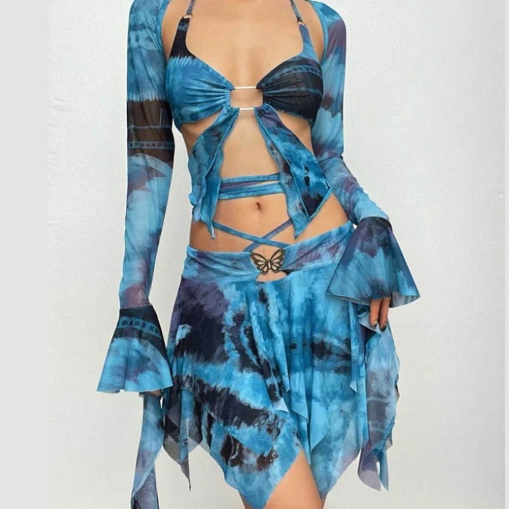 Y2K Fairy Flared Sleeve Tie Dye Halter Low Cut Mini Skirt Set Women’s Small